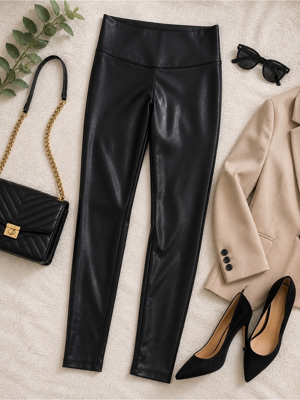 SPANX Faux Leather Leggings Black Shimmer High Rise Shaping S
